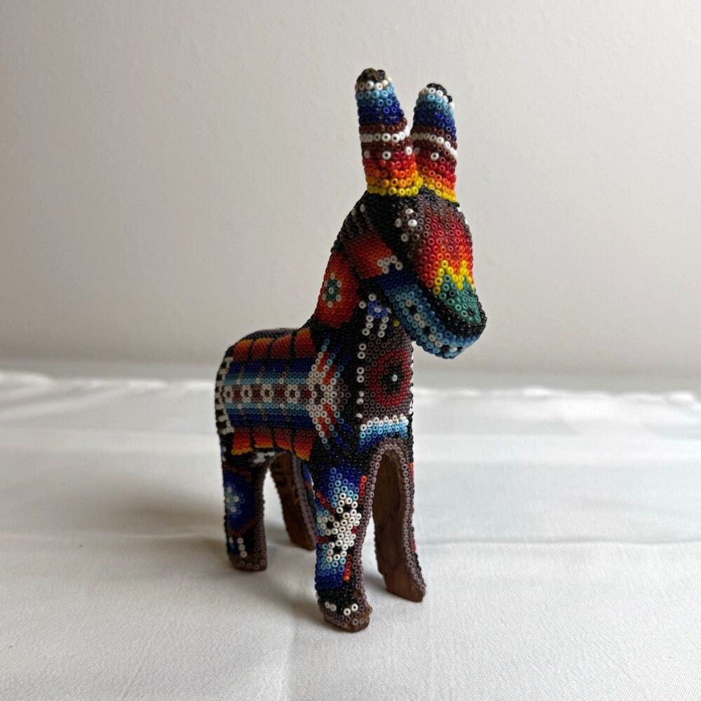Vintage Huichol Beaded Wooden Donkey Figurine Handcrafted Mexican Folk Art